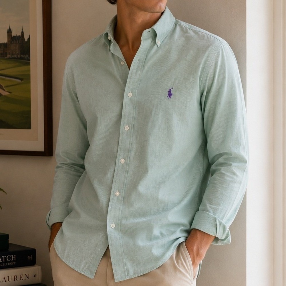 Polo Ralph Lauren Andrew Shirt Mens 17.5 36/37 Green Gingham Button Down Cotton